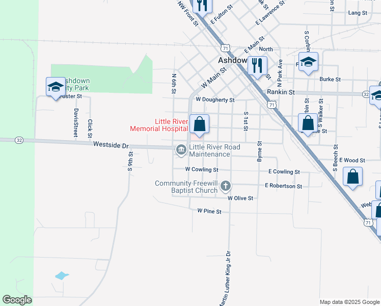 map of restaurants, bars, coffee shops, grocery stores, and more near 470 West Wood Street in Ashdown