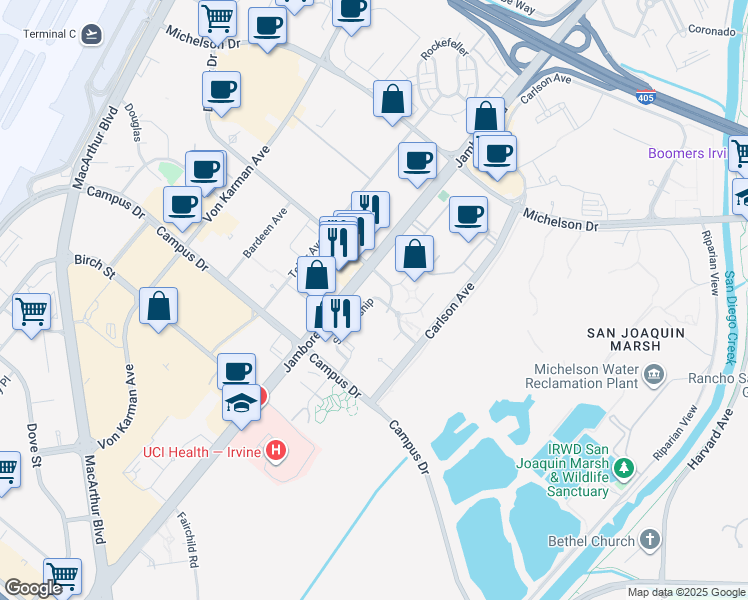 map of restaurants, bars, coffee shops, grocery stores, and more near 2258 Scholarship in Irvine