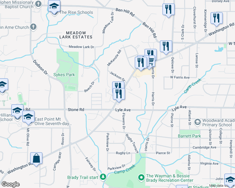 map of restaurants, bars, coffee shops, grocery stores, and more near 3237 Washington Road in East Point