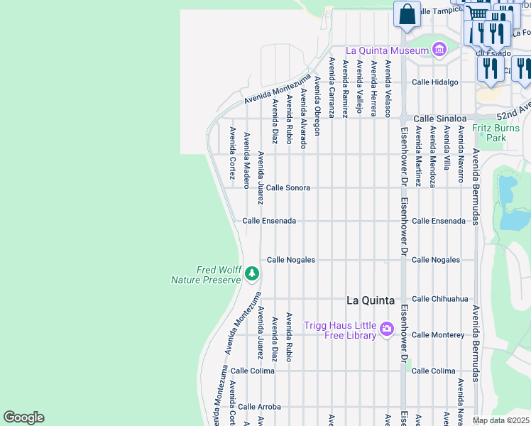 map of restaurants, bars, coffee shops, grocery stores, and more near 52394 Avenida Juarez in La Quinta