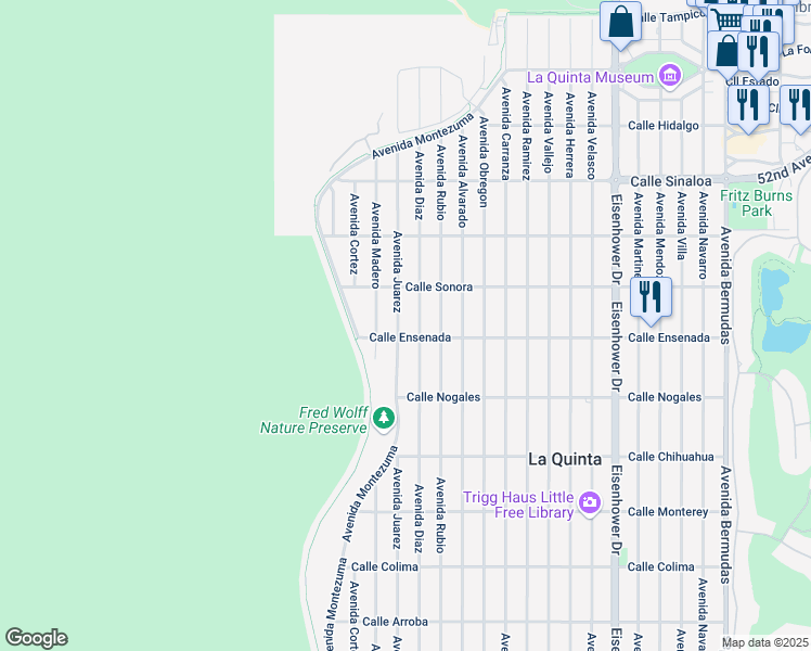 map of restaurants, bars, coffee shops, grocery stores, and more near 52394 Avenida Juarez in La Quinta
