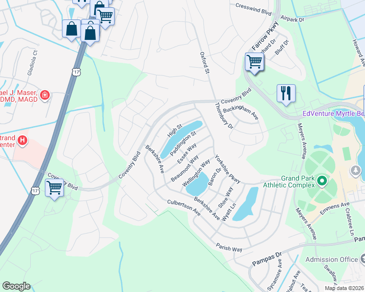 map of restaurants, bars, coffee shops, grocery stores, and more near 1659 Essex Way in Myrtle Beach