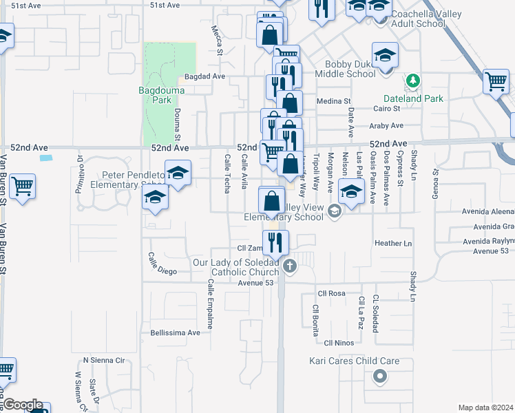 map of restaurants, bars, coffee shops, grocery stores, and more near 52461 Calle Camacho in Coachella