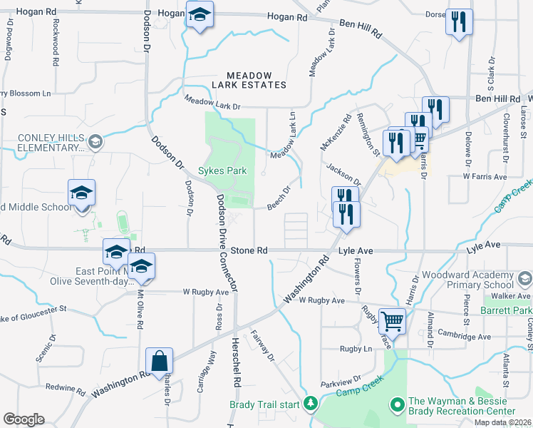 map of restaurants, bars, coffee shops, grocery stores, and more near 3206 Beech Drive in East Point