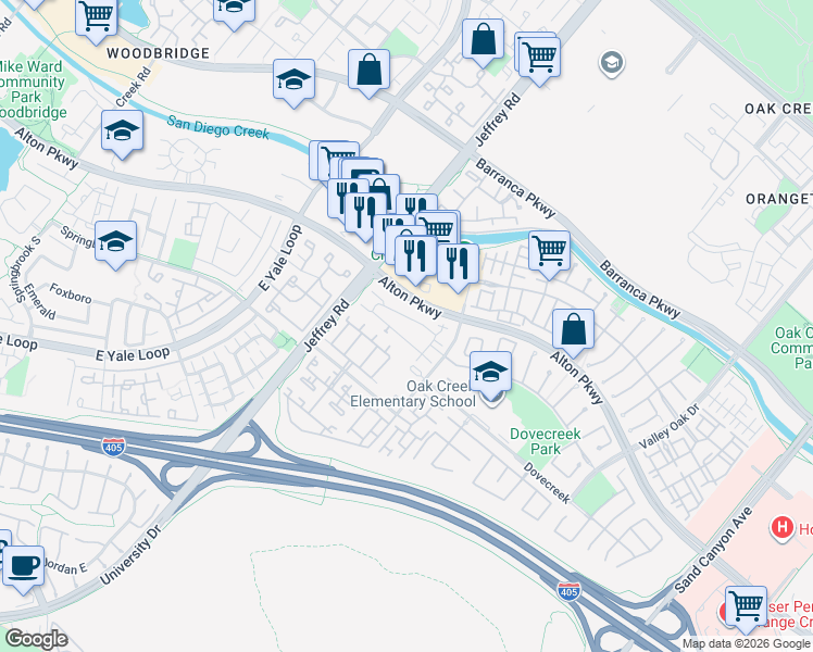 map of restaurants, bars, coffee shops, grocery stores, and more near 175 Cherrybrook Lane in Irvine