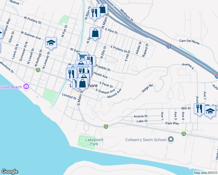 map of restaurants, bars, coffee shops, grocery stores, and more near 254 East Peck Street in Lake Elsinore