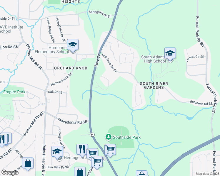 map of restaurants, bars, coffee shops, grocery stores, and more near 577 Hutchens Road Southeast in Atlanta