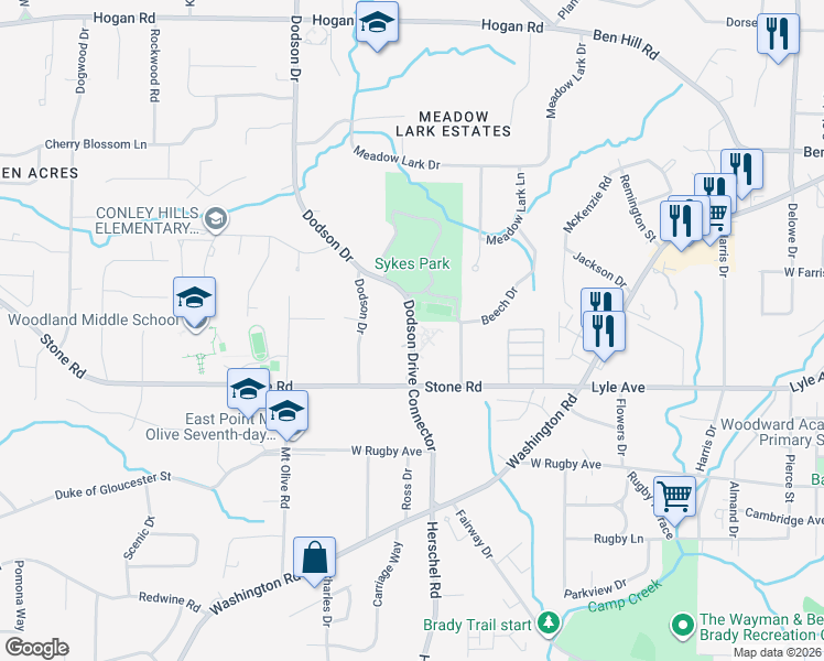 map of restaurants, bars, coffee shops, grocery stores, and more near 3240 Dodson Drive Connector in East Point
