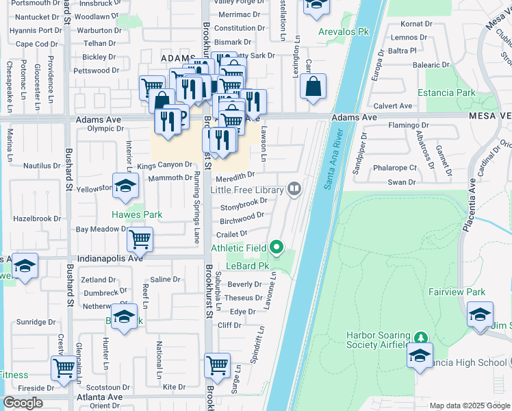 map of restaurants, bars, coffee shops, grocery stores, and more near 10172 Stonybrook Drive in Huntington Beach