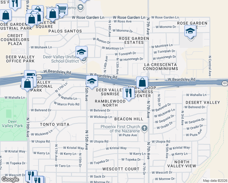 map of restaurants, bars, coffee shops, grocery stores, and more near 1308 West Wahalla Lane in Phoenix