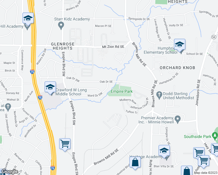 map of restaurants, bars, coffee shops, grocery stores, and more near 3194 Ward Drive Southwest in Atlanta