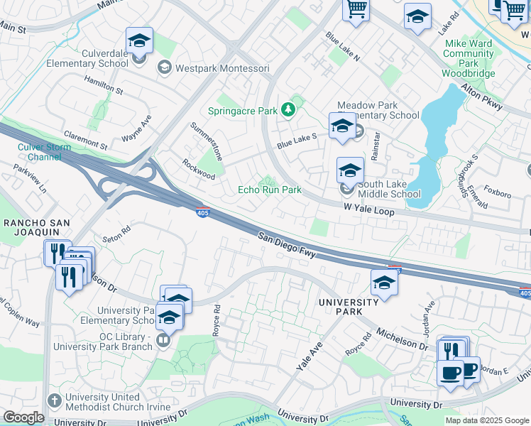 map of restaurants, bars, coffee shops, grocery stores, and more near in Irvine