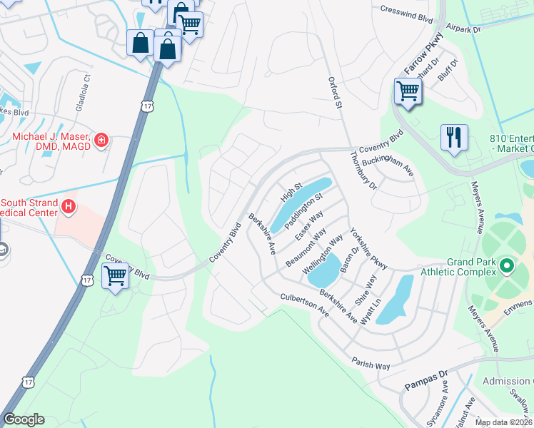 map of restaurants, bars, coffee shops, grocery stores, and more near 1801 High Street in Myrtle Beach