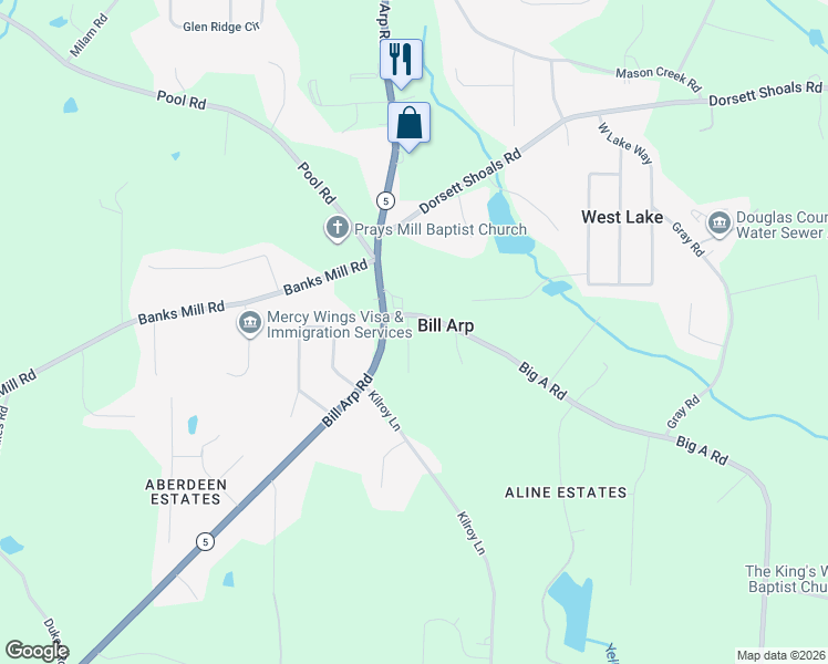 map of restaurants, bars, coffee shops, grocery stores, and more near 4955 Big A Road in Douglasville