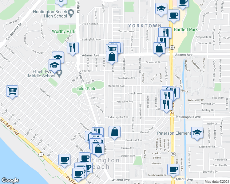 map of restaurants, bars, coffee shops, grocery stores, and more near 203 Lincoln Avenue in Huntington Beach