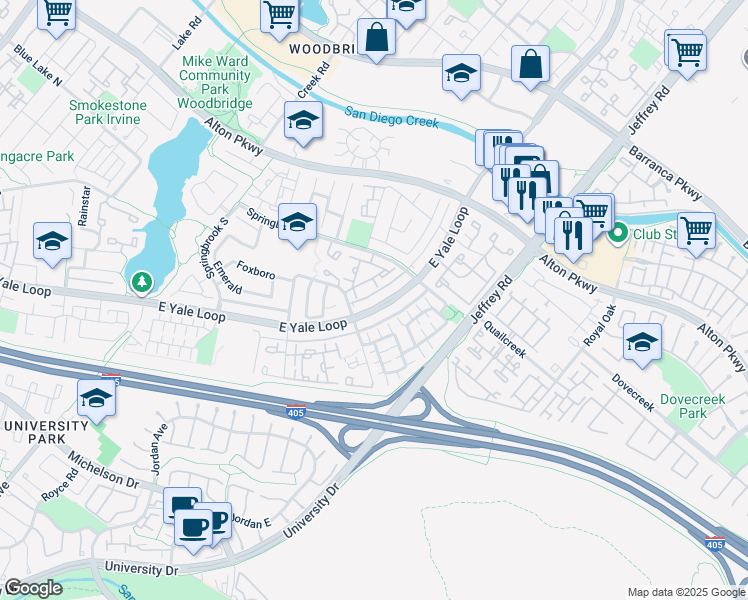 map of restaurants, bars, coffee shops, grocery stores, and more near 420 East Yale Loop in Irvine
