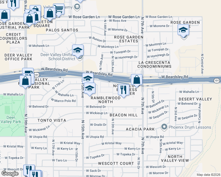 map of restaurants, bars, coffee shops, grocery stores, and more near 1308 West Wahalla Lane in Phoenix