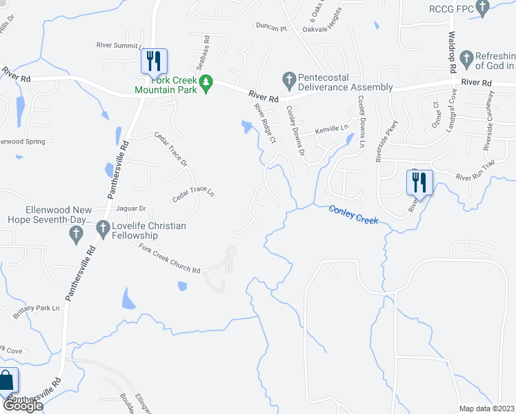 map of restaurants, bars, coffee shops, grocery stores, and more near 2913 River Hill Lane in Decatur