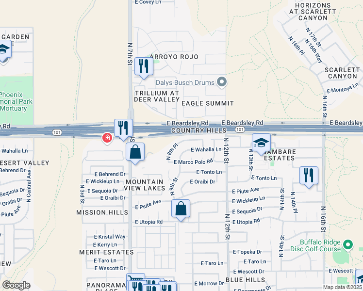 map of restaurants, bars, coffee shops, grocery stores, and more near 914 East Wahalla Lane in Phoenix