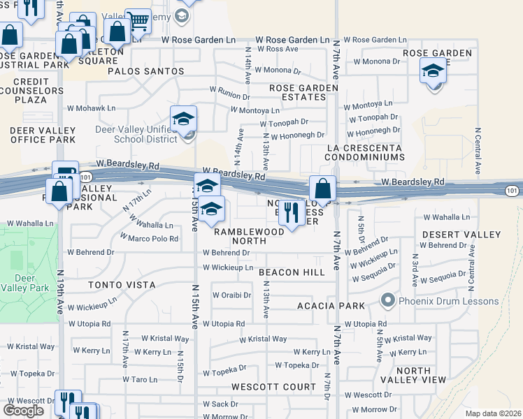 map of restaurants, bars, coffee shops, grocery stores, and more near 1308 West Wahalla Lane in Phoenix