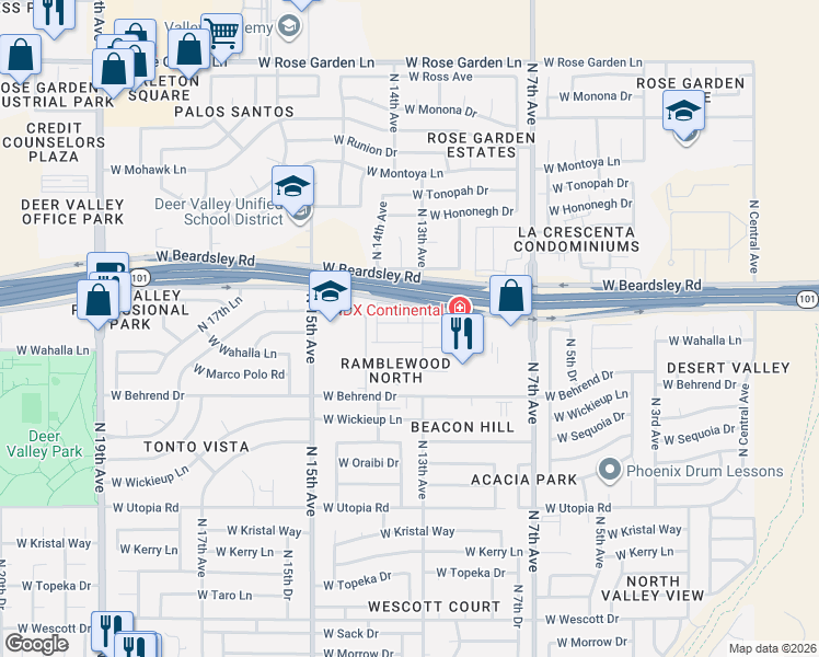 map of restaurants, bars, coffee shops, grocery stores, and more near 1308 West Wahalla Lane in Phoenix