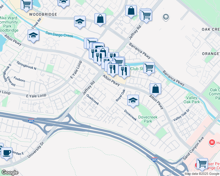 map of restaurants, bars, coffee shops, grocery stores, and more near 182 Cherrybrook Lane in Irvine