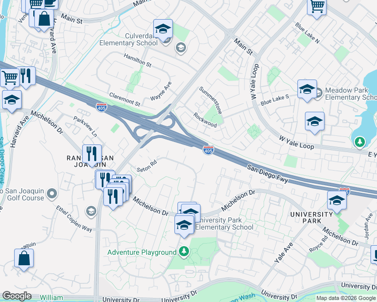 map of restaurants, bars, coffee shops, grocery stores, and more near 13 Queens Wreath Way in Irvine