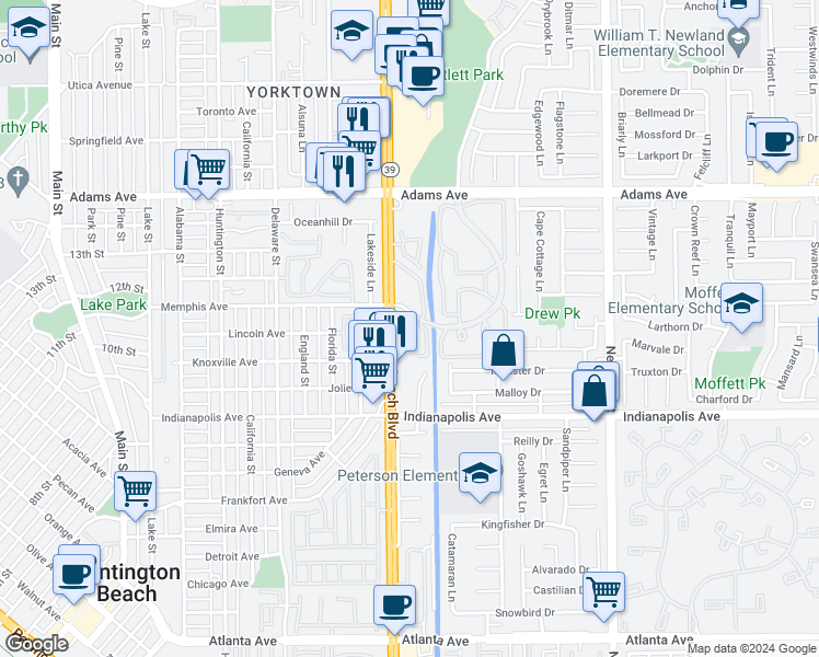map of restaurants, bars, coffee shops, grocery stores, and more near 20362 Bridgeside Lane in Huntington Beach