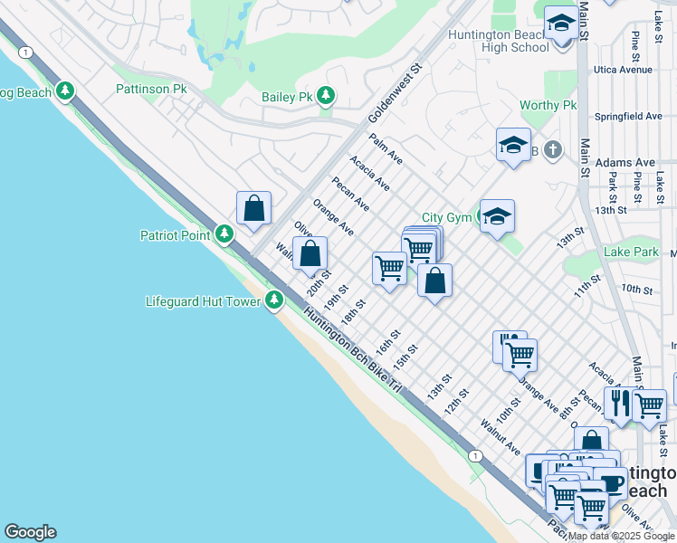 map of restaurants, bars, coffee shops, grocery stores, and more near 226 19th Street in Huntington Beach