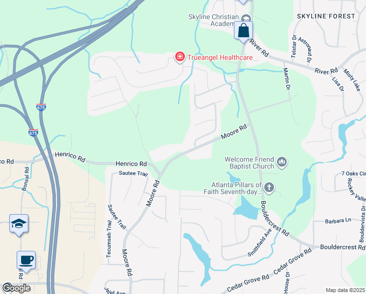 map of restaurants, bars, coffee shops, grocery stores, and more near 3881 Moore Road in Ellenwood
