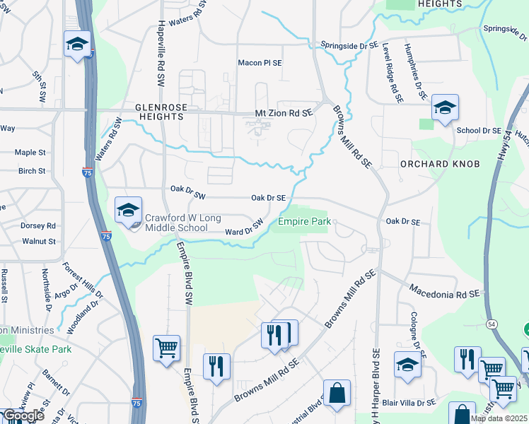 map of restaurants, bars, coffee shops, grocery stores, and more near 3197 Ward Drive Southwest in Atlanta