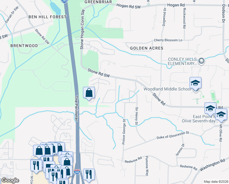 map of restaurants, bars, coffee shops, grocery stores, and more near 2852 Ridgeview Drive in Atlanta
