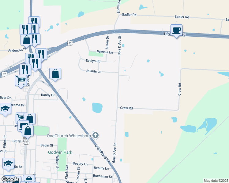 map of restaurants, bars, coffee shops, grocery stores, and more near 929 Bois D Arc Street in Whitesboro