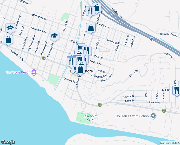 map of restaurants, bars, coffee shops, grocery stores, and more near 207 East Graham Avenue in Lake Elsinore