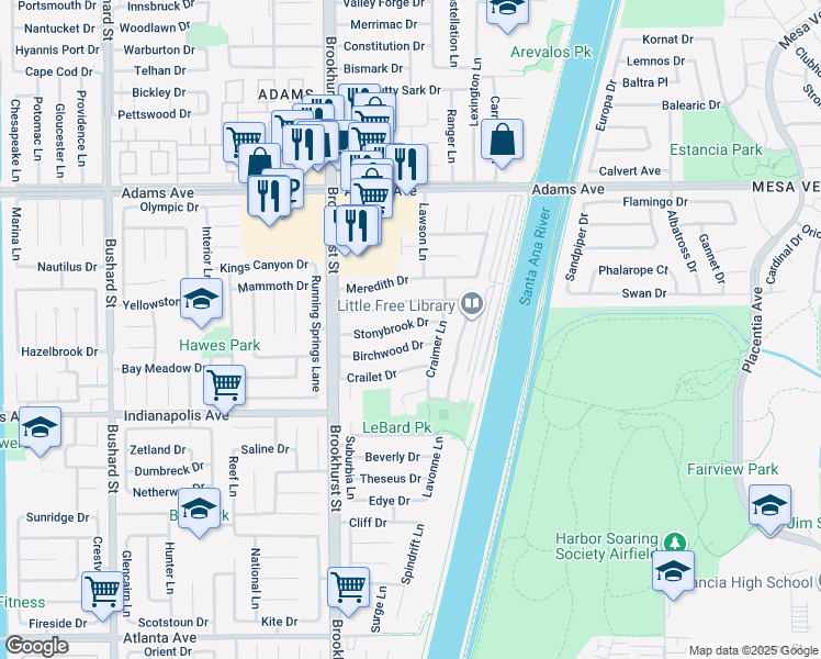 map of restaurants, bars, coffee shops, grocery stores, and more near 10172 Stonybrook Drive in Huntington Beach