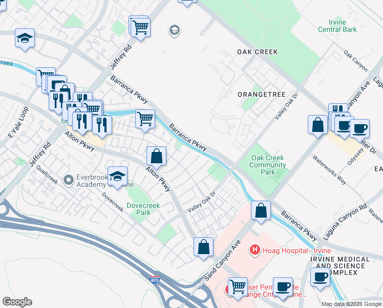 map of restaurants, bars, coffee shops, grocery stores, and more near 6 Preston in Irvine