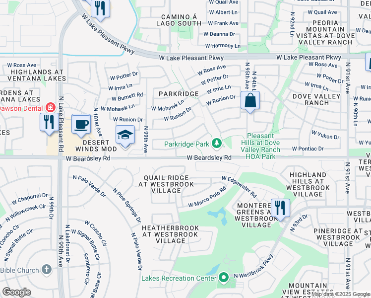 map of restaurants, bars, coffee shops, grocery stores, and more near 9765 West Pontiac Drive in Peoria