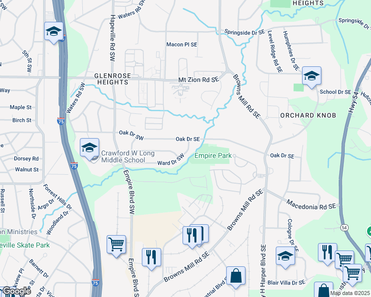 map of restaurants, bars, coffee shops, grocery stores, and more near 3197 Ward Drive Southwest in Atlanta