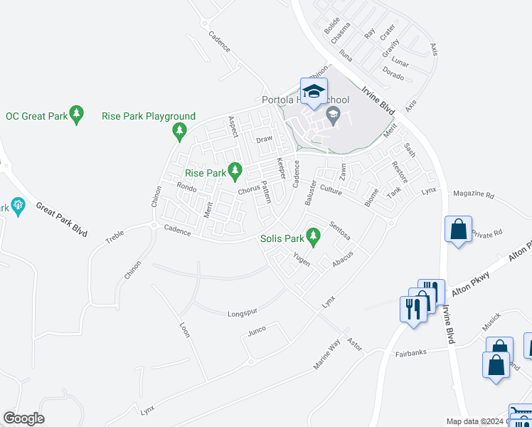 map of restaurants, bars, coffee shops, grocery stores, and more near 368 Chorus in Irvine