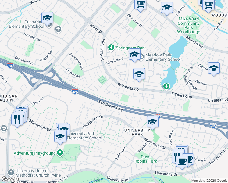 map of restaurants, bars, coffee shops, grocery stores, and more near 52 Weepingwood in Irvine