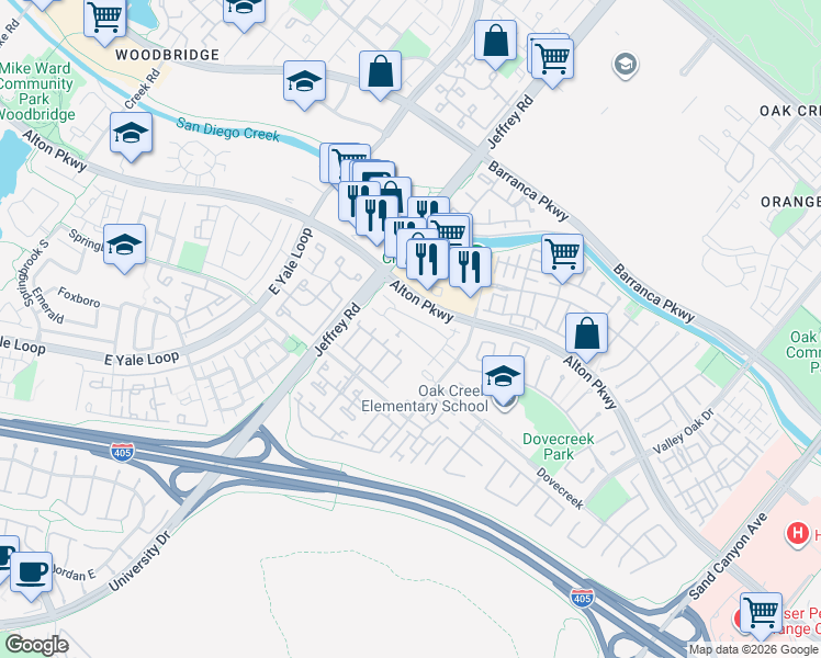 map of restaurants, bars, coffee shops, grocery stores, and more near 175 Cherrybrook Lane in Irvine