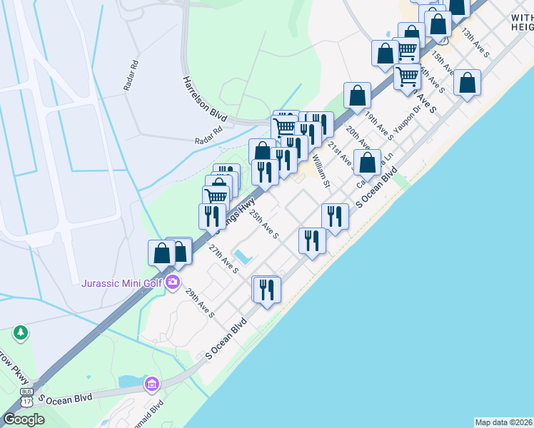 map of restaurants, bars, coffee shops, grocery stores, and more near 2502 Clearwater Street in Myrtle Beach