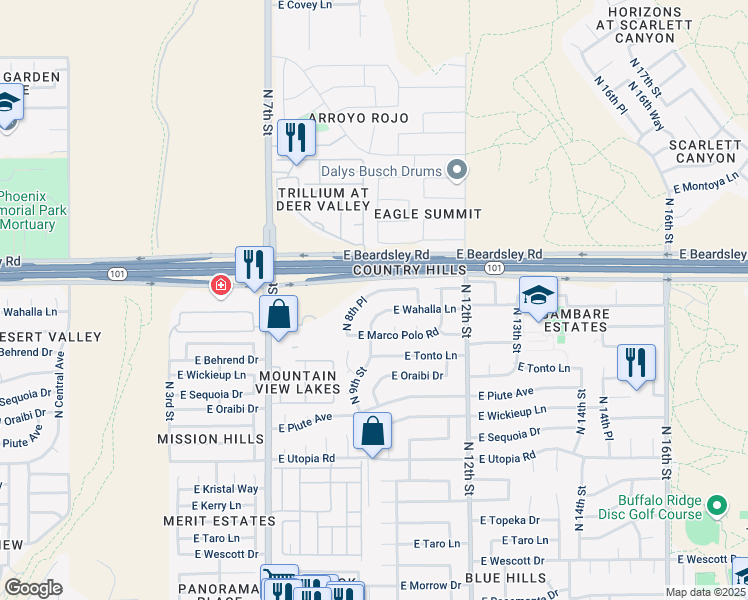 map of restaurants, bars, coffee shops, grocery stores, and more near 914 East Wahalla Lane in Phoenix