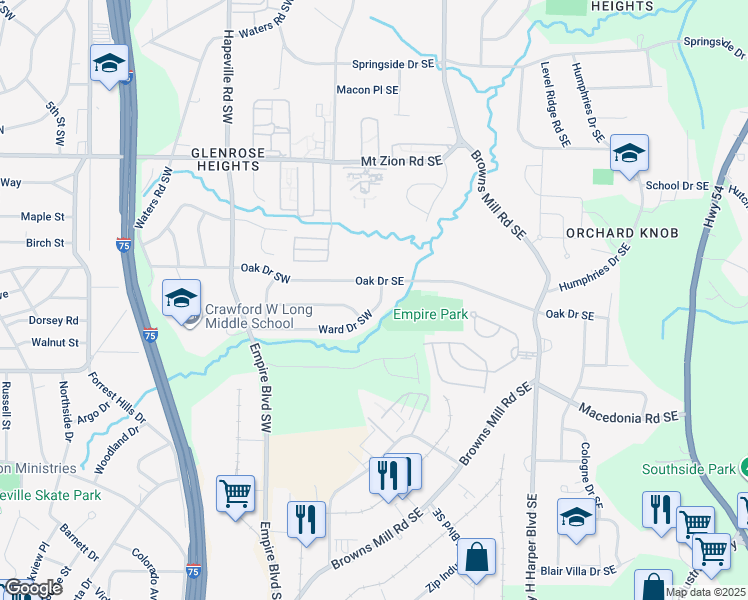 map of restaurants, bars, coffee shops, grocery stores, and more near 3206 Ward Drive Southwest in Atlanta