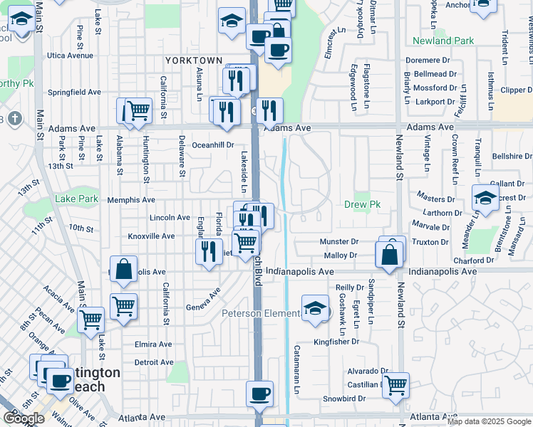 map of restaurants, bars, coffee shops, grocery stores, and more near 20301 Bluffside Circle in Huntington Beach
