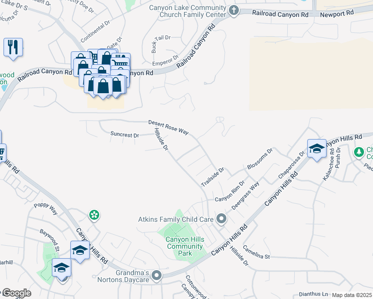 map of restaurants, bars, coffee shops, grocery stores, and more near 35424 Saddle Hill Road in Lake Elsinore