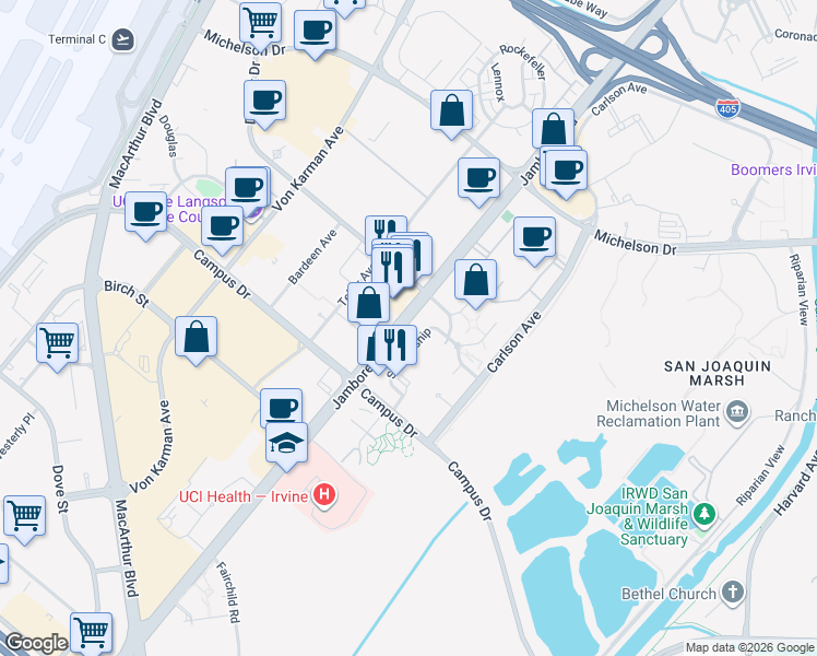 map of restaurants, bars, coffee shops, grocery stores, and more near 1208 Scholarship in Irvine