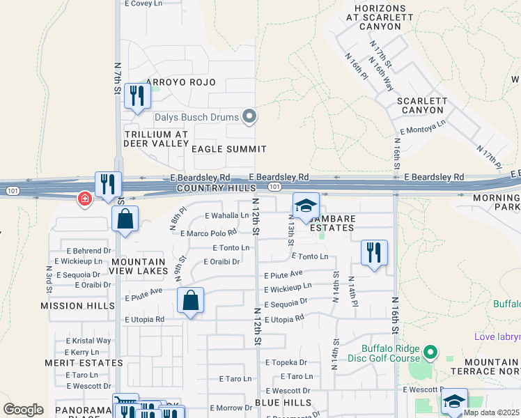 map of restaurants, bars, coffee shops, grocery stores, and more near 1202 East Wahalla Lane in Phoenix