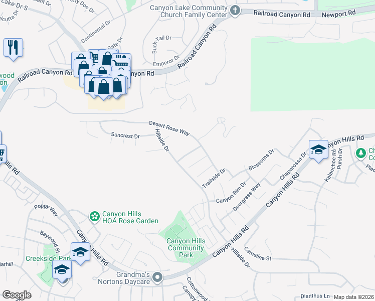 map of restaurants, bars, coffee shops, grocery stores, and more near 35424 Saddle Hill Road in Lake Elsinore