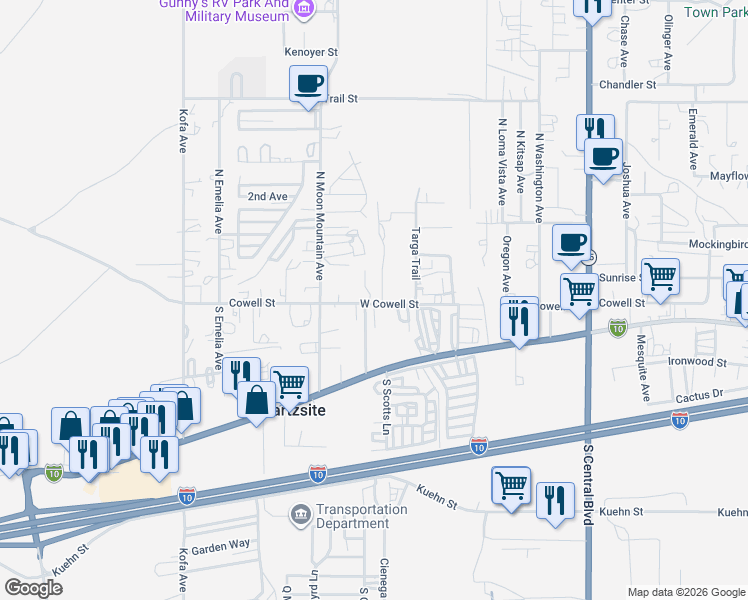map of restaurants, bars, coffee shops, grocery stores, and more near 512 West Cowell Street in Quartzsite